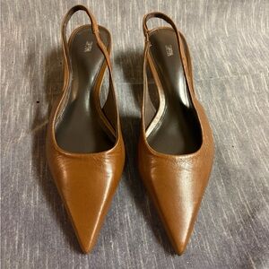 Women’s Zara Chocolate Brown Leather Slingback Pointed Toe 1.5” Kitten Heels 38